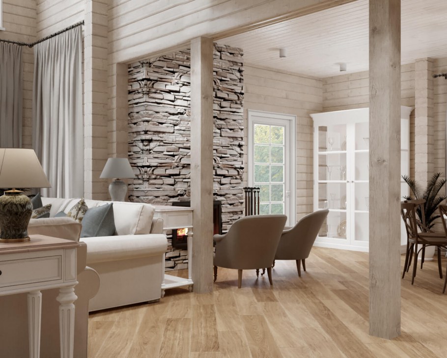 Сочетание дерева и камня в интерьере