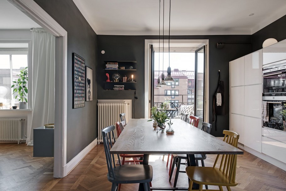 Скандинавский стиль кухня-гостиная темный пол