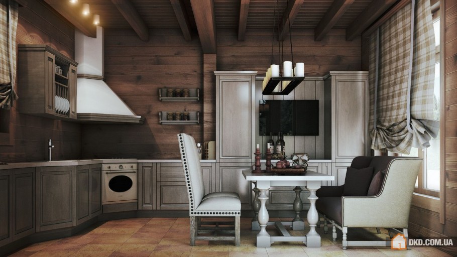 Серая кухня в бревенчатом доме