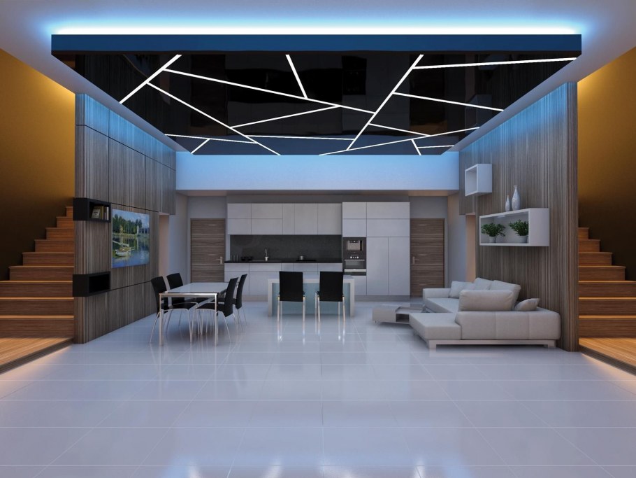 Потолок световые линии в гостиной