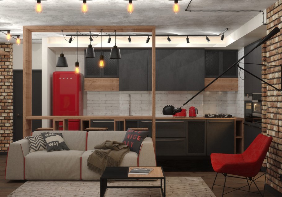 Гостиная в шоколадном цвете в стиле лофт