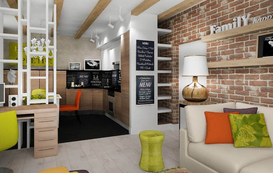 Интерьер лофт гостиная 30кв