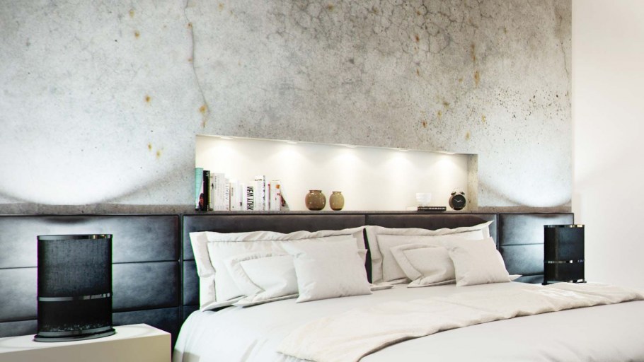 Спальня с декоративной штукатуркой бетон интерьер