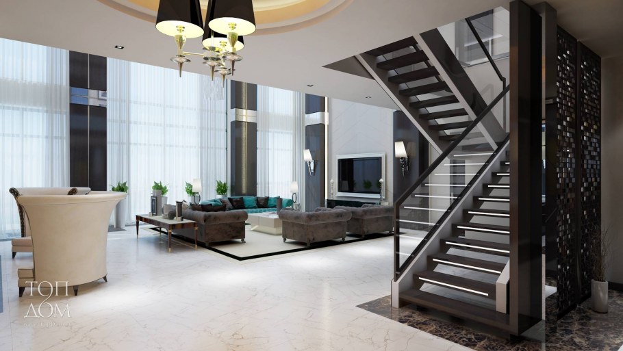 Лестница в гостинной со вторым светом