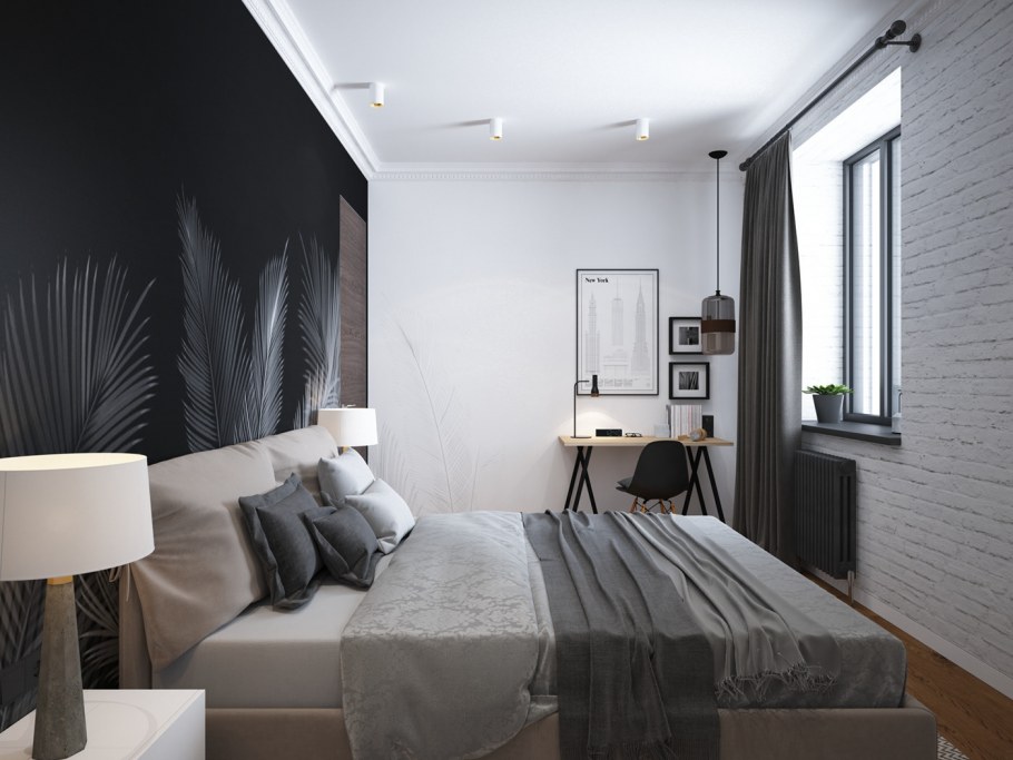 Спальня с черной стеной у изголовья