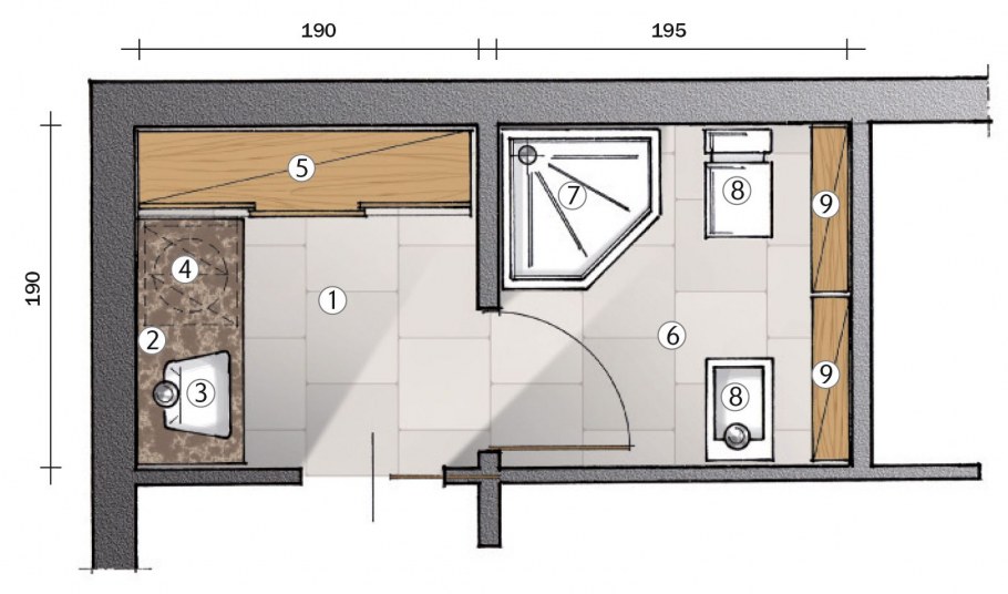 Ванная с душевой кабиной и стиральной машиной