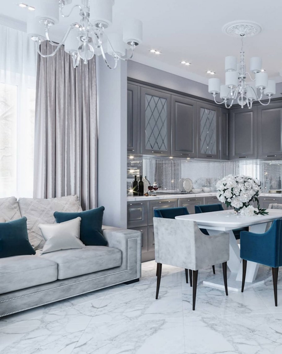 Кухня гостиная в серых тонах