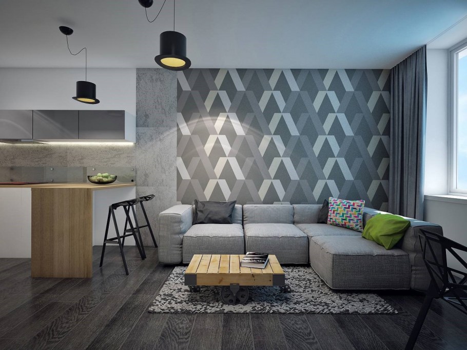 Гостиная с серой кухней