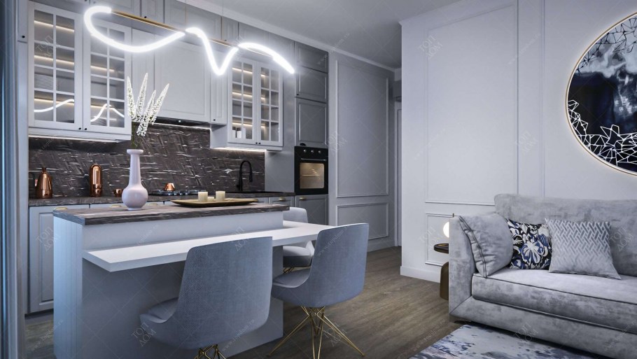 Белая кухня гостиная