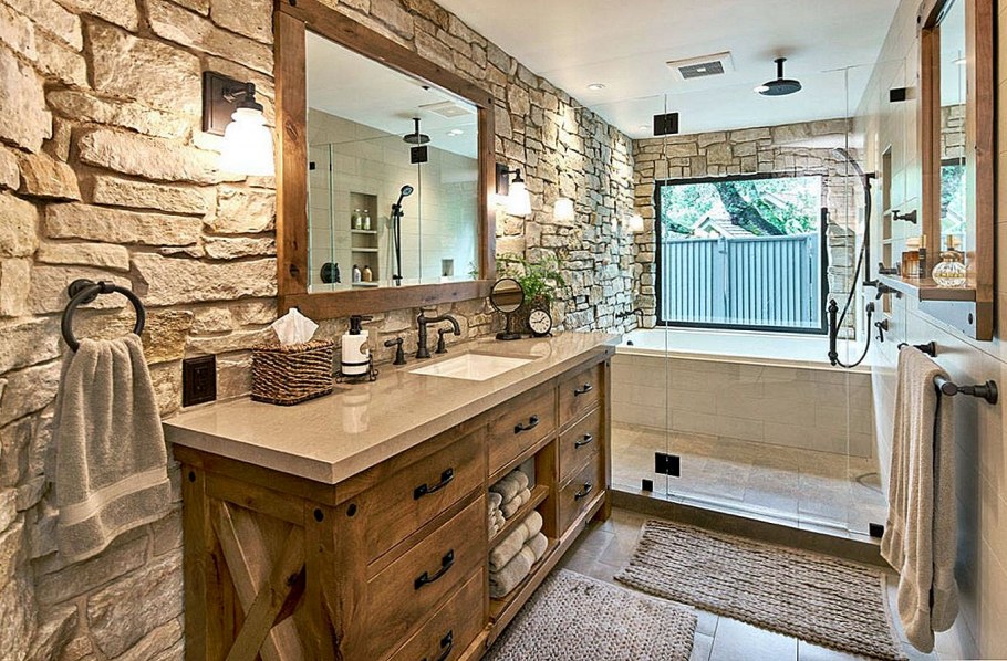 Отделка деревом и камнем интерьер