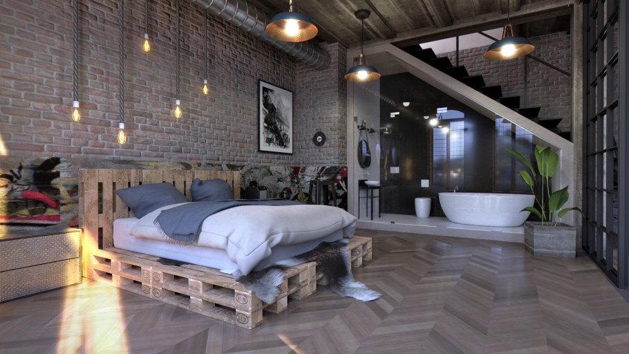 Гостиная в стиле лофт с тремя окнами