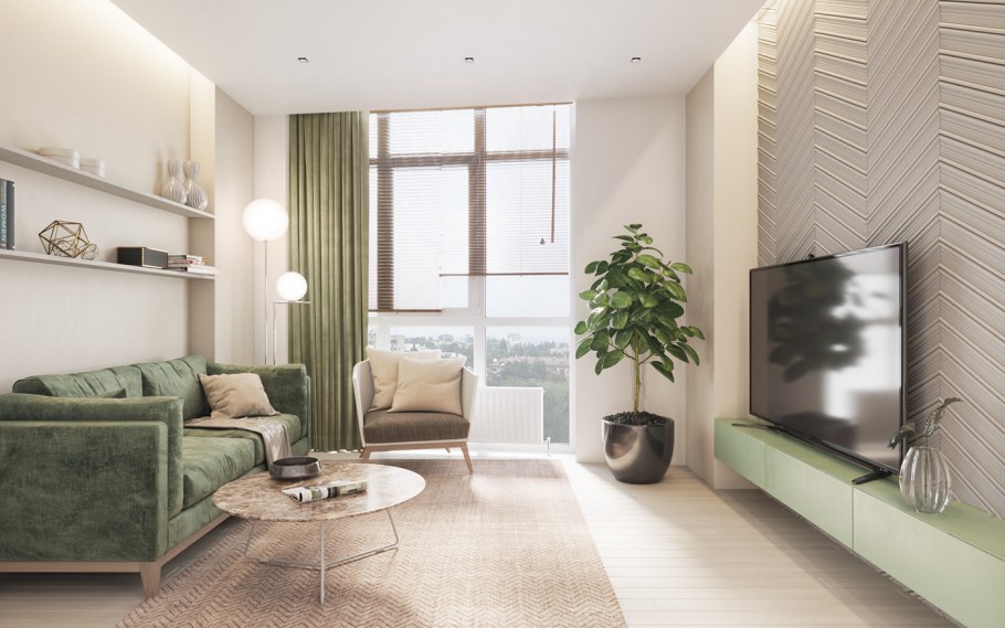 Гостиная в серо зеленых тонах