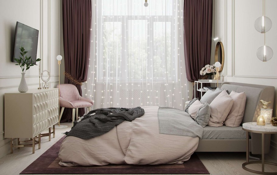 Шторы в спальню в пастельных тонах