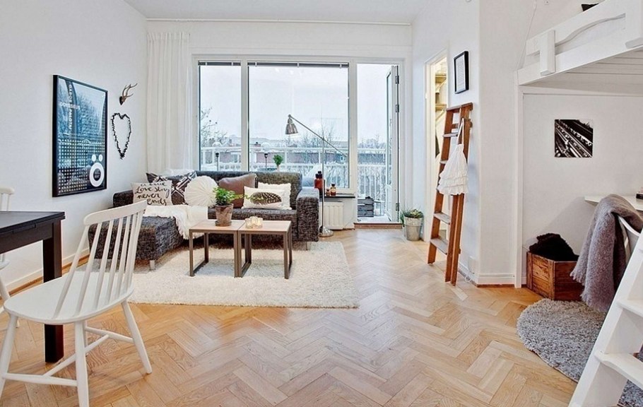 Интерьеры в скандинавском стиле с высоким потолком