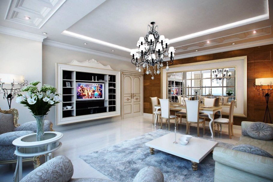 Гостиная в коттедже классика с телевизором