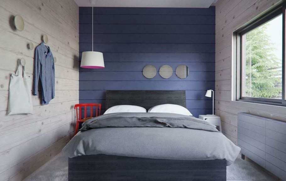 Спальня в стиле лофт с деревянной стеной