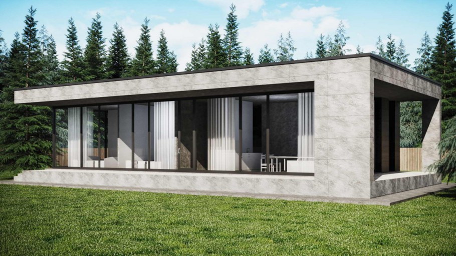 Одноэтажный дом с панорамными окнами