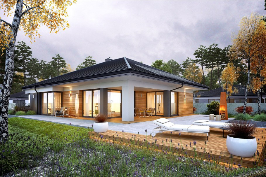 Одно этажный дом с панорамными окнамм