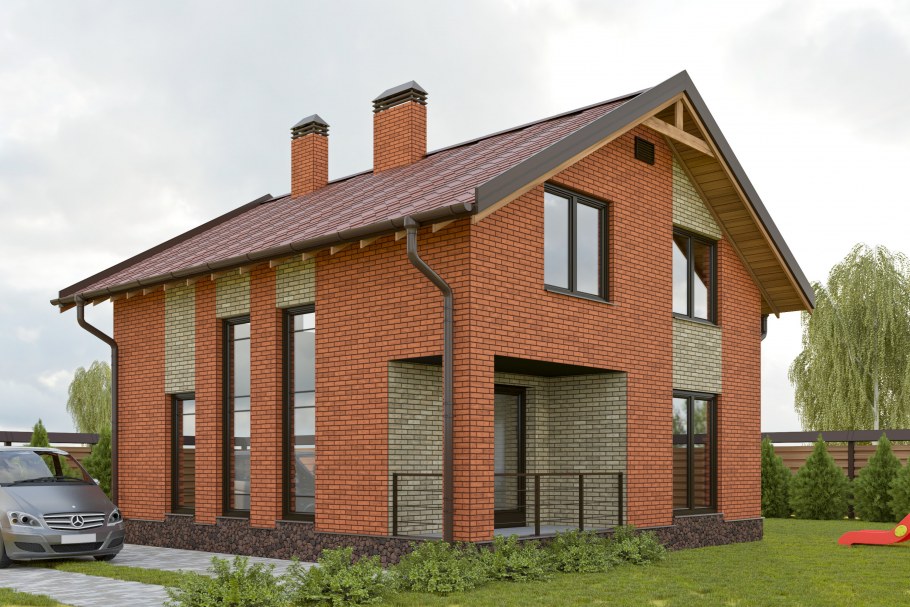 Кирпичный дом с двухскатной крышей