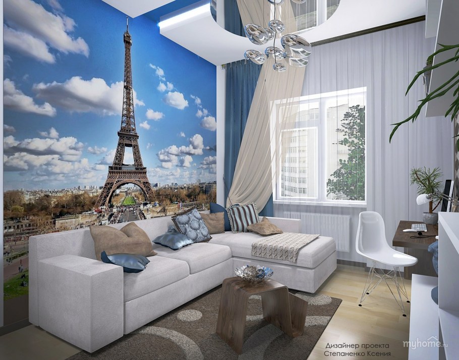 Фотообои Париж в интерьере гостиной