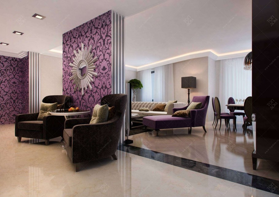 Шторы винного цвета в интерьере гостиной