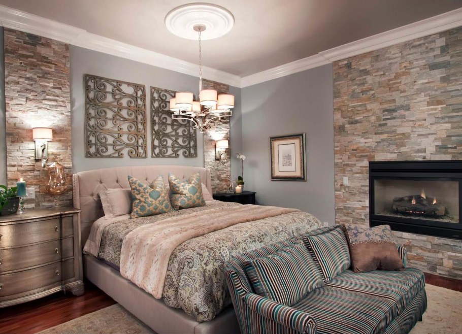 Декоративный камень в интерьере спальни