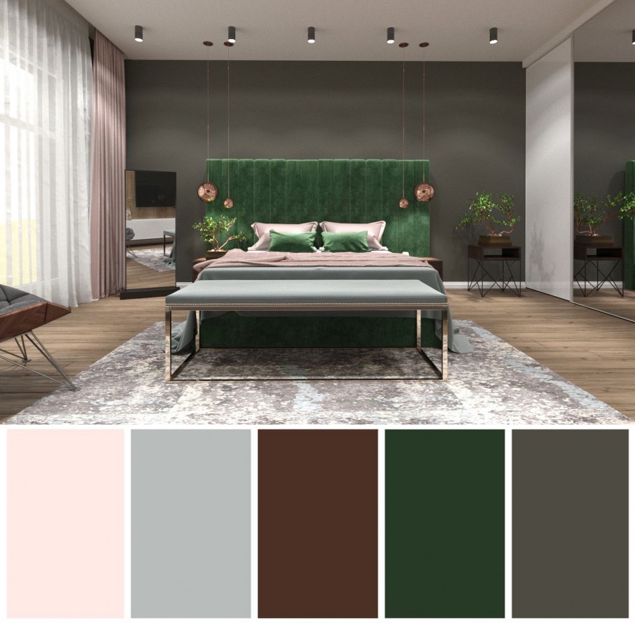 Коричневый серый и зелёный в спальне