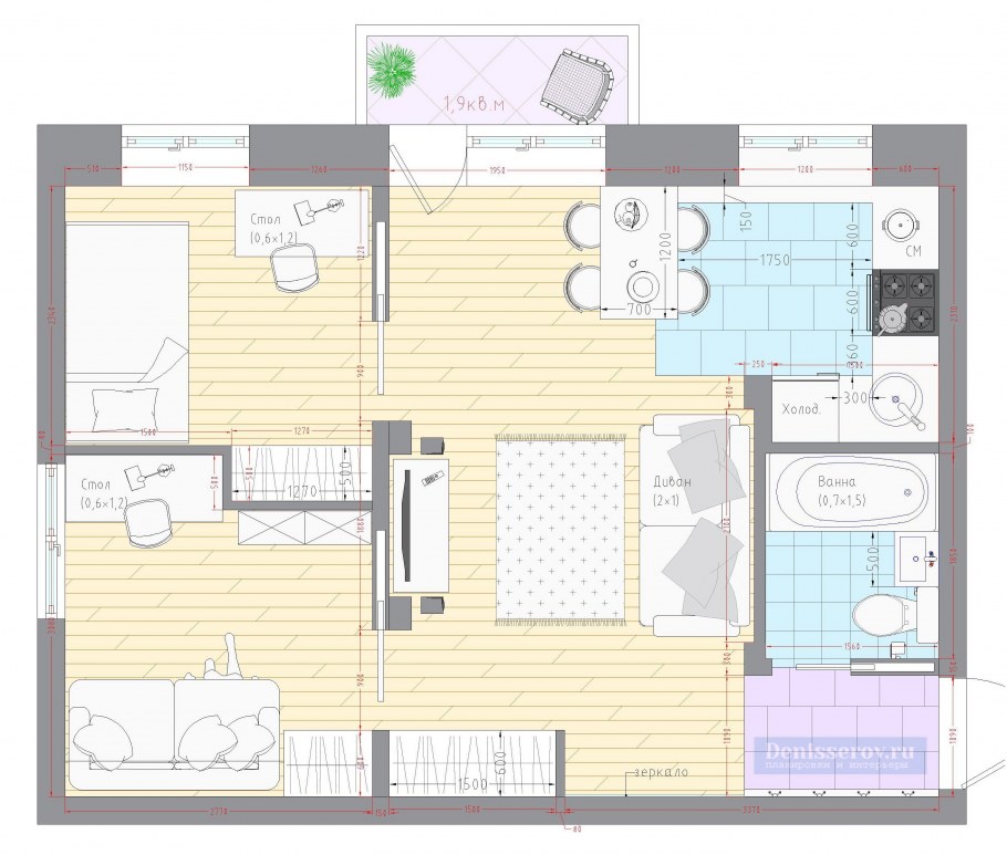 Перепланировка двухкомнатной хрущевки 44 кв.м