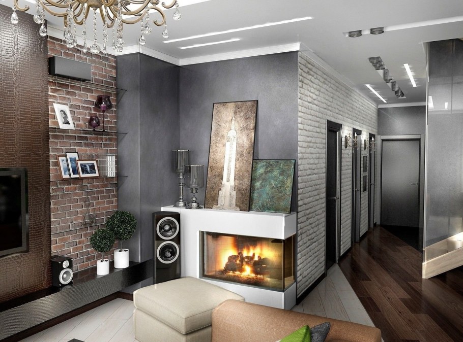 Гостиная с камином в стиле лофт