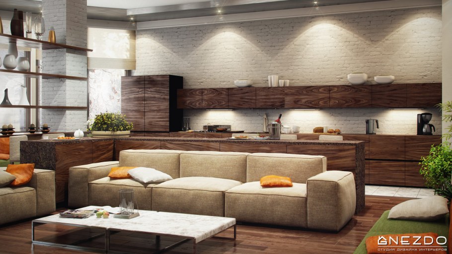 Стиль легкий лофт в интерьере кухни-гостинные