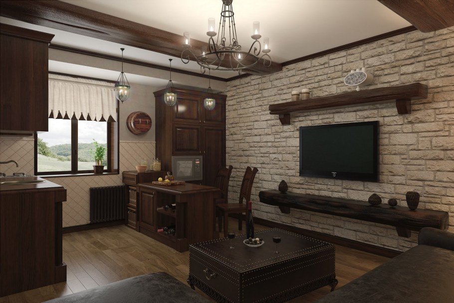 Деревянная кухня гостиная в кирпичном доме