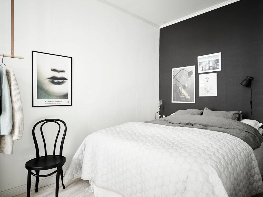 Серые стены белый плинтус Скандинавская спальня