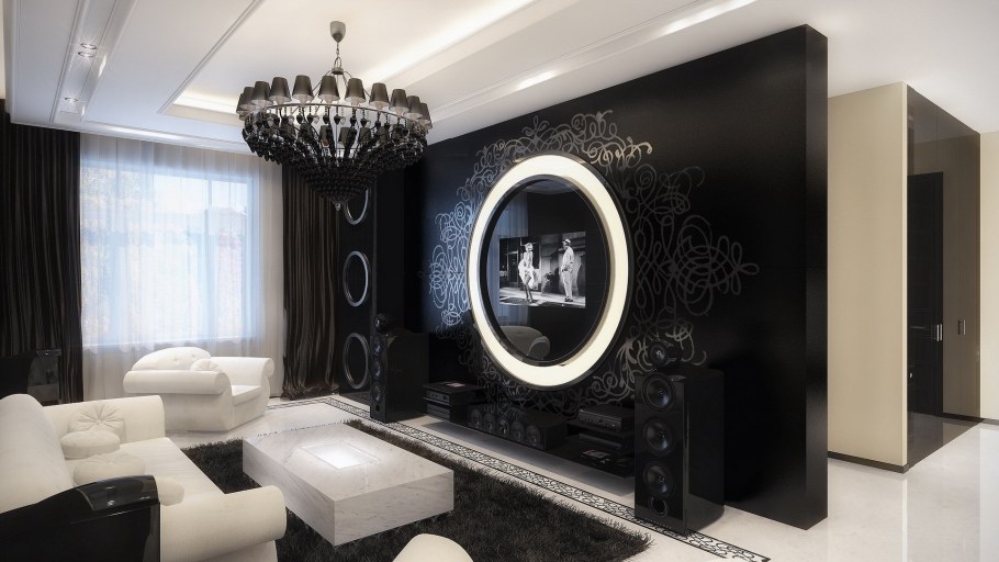 Черно белый интерьер зала