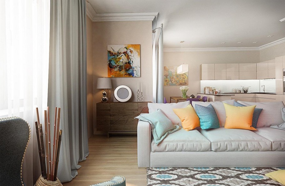 Светлая гостиная с яркими акцентами