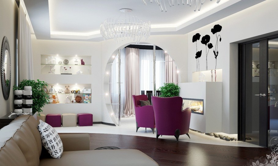 Гостиная в белых тонах с яркими акцентами