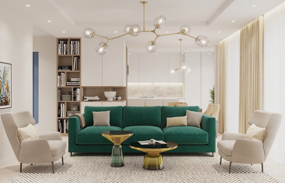 Кухня гостиная в бежево бирюзовых тонах