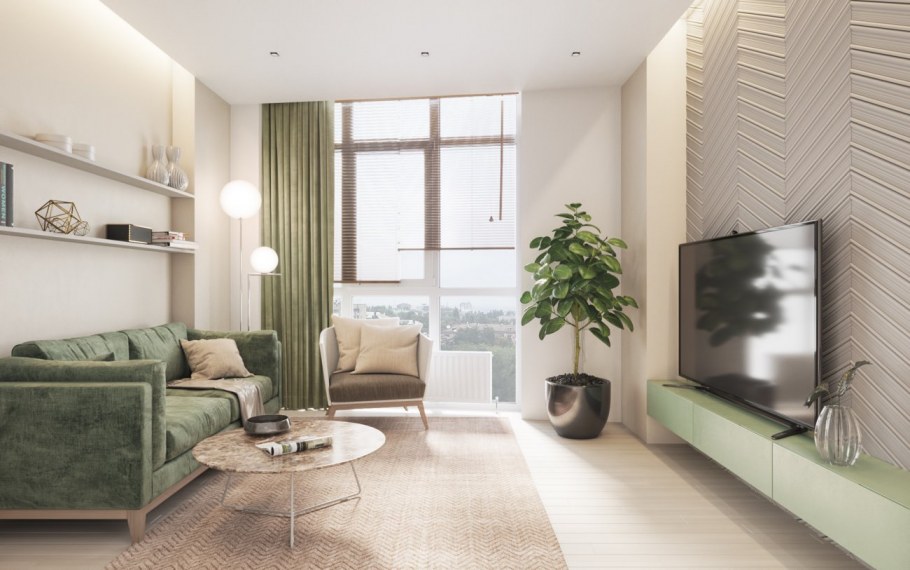 Зеленая кухня гостиная