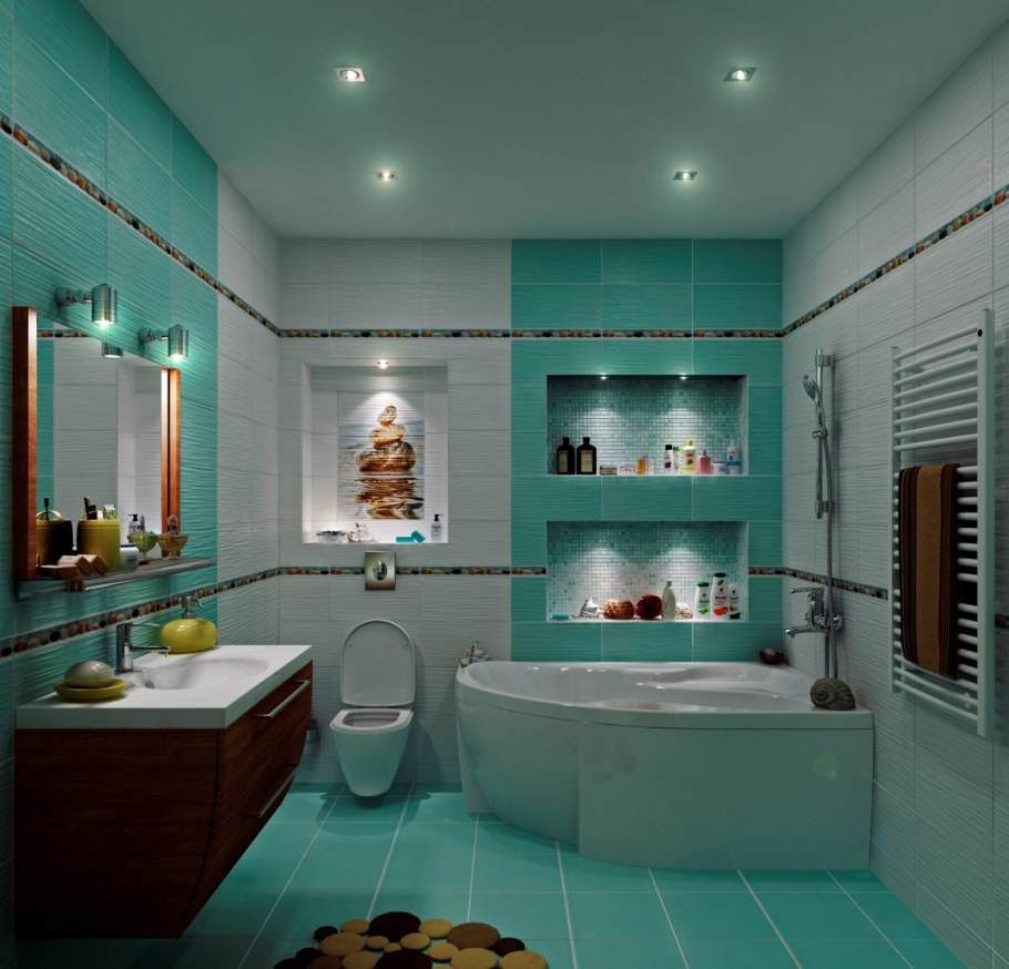 Ванная комната с угловой ванной и туалетом