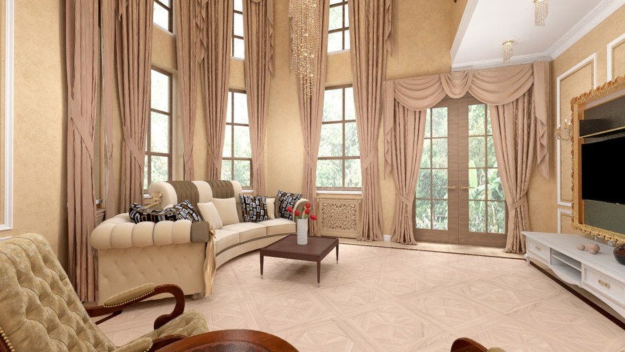 Занавески в гостиную со вторым светом в коттедже