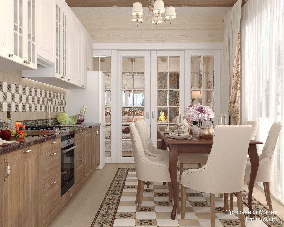 Светлая кухня в доме из клееного бруса