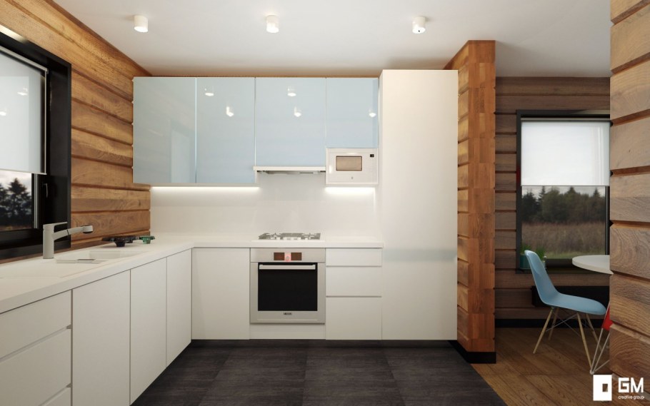 Белая кухня в доме из бруса