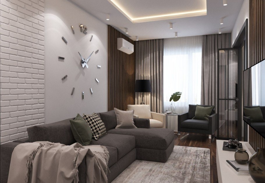 Коричнево серая спальня