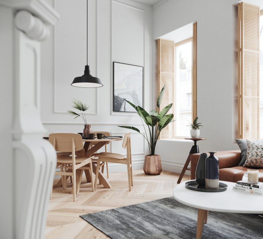 Белая гостиная в скандинавском стиле