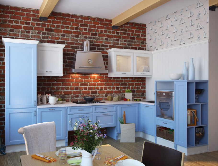 Интерьер с синей кухней стиля Прованс