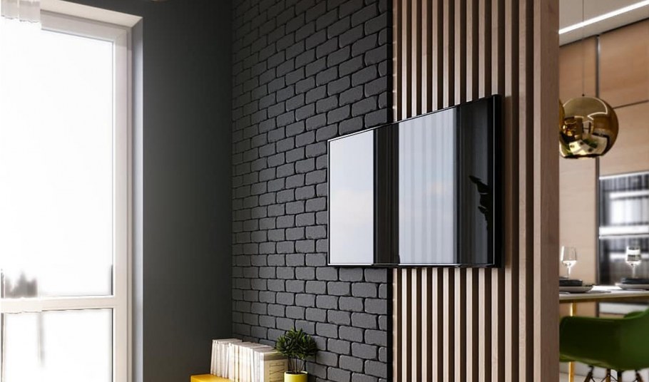 Телевизор на перегородке из реек