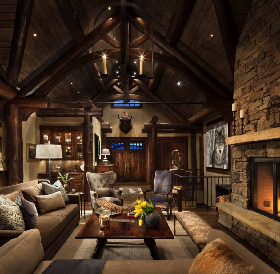 Гостиная в стиле Шале в загородном доме с камином
