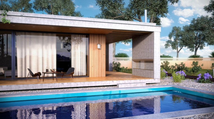 Одноэтажный дом с плоской крышей и бассейном