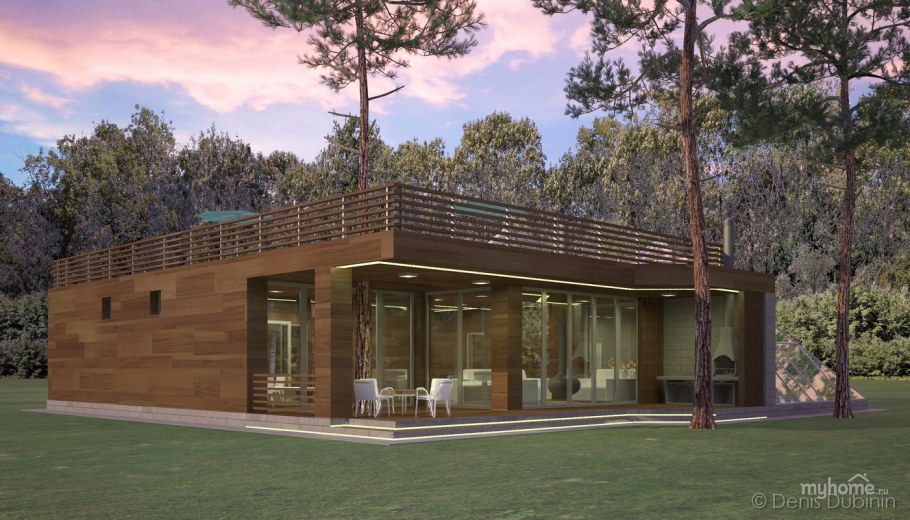 Одноэтажный дом с плоской крышей и террасой