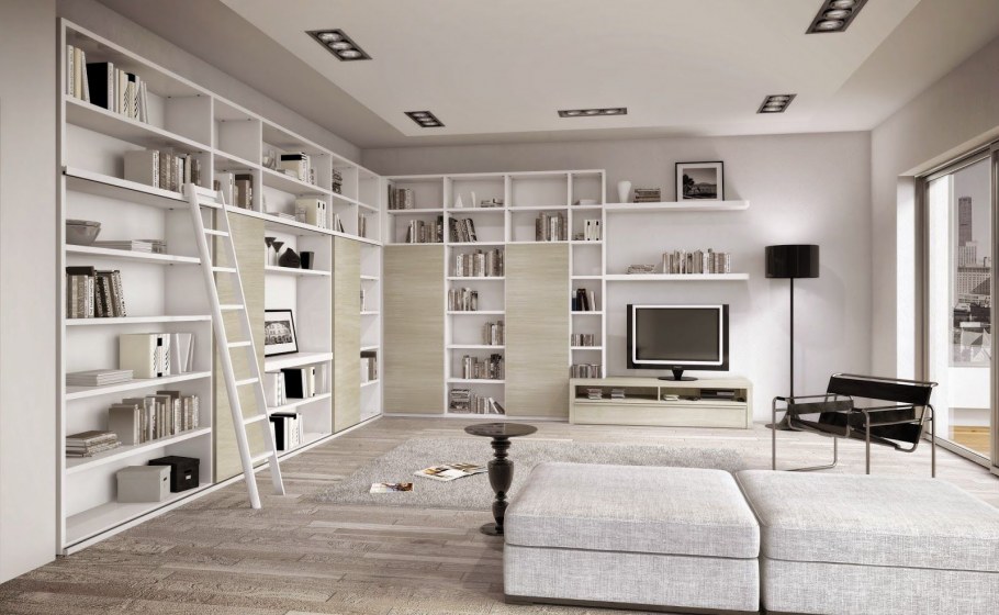 Встроенные стеллажи в интерьере гостиной