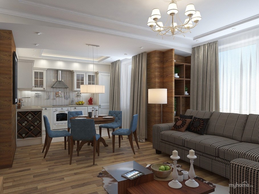 Объединенная кухня с гостиной в сталинке